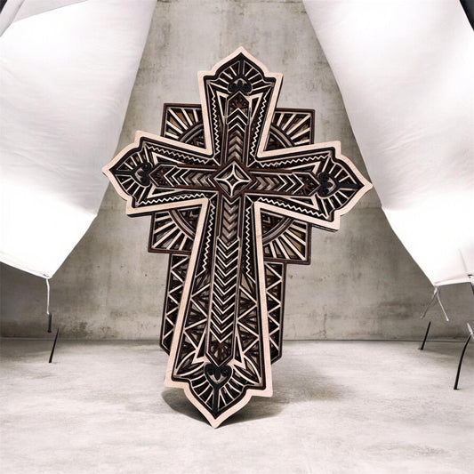 Handcrafted layered wood cross with intricate geometric patterns